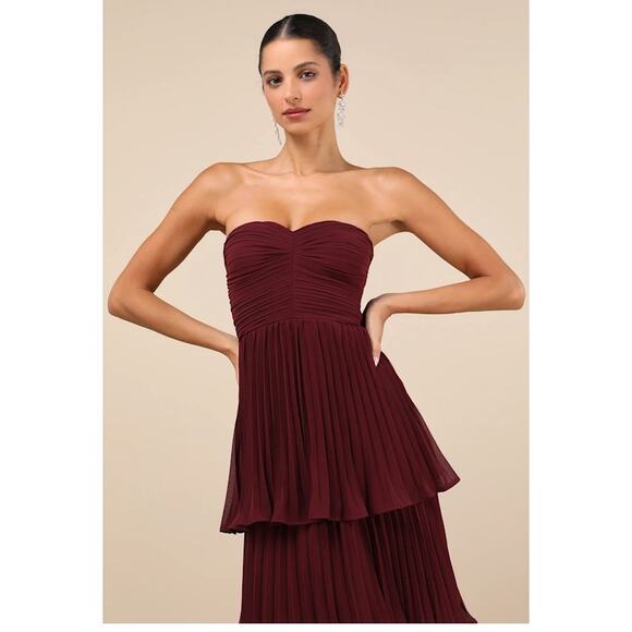 Lulus Plum Purple Strapless Pleated Tiered Seriously Sensational Maxi Dress Sz L - Picture 7 of 9